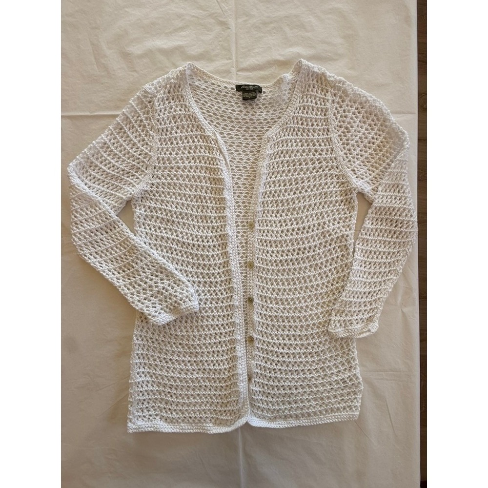 Eddie Bauer Cardigan Women Small White Good Open Knit Cotton Button Up Crochet